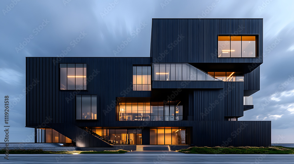 Poster a modern architectural structure featuring a unique geometric design, blending dark materials with w