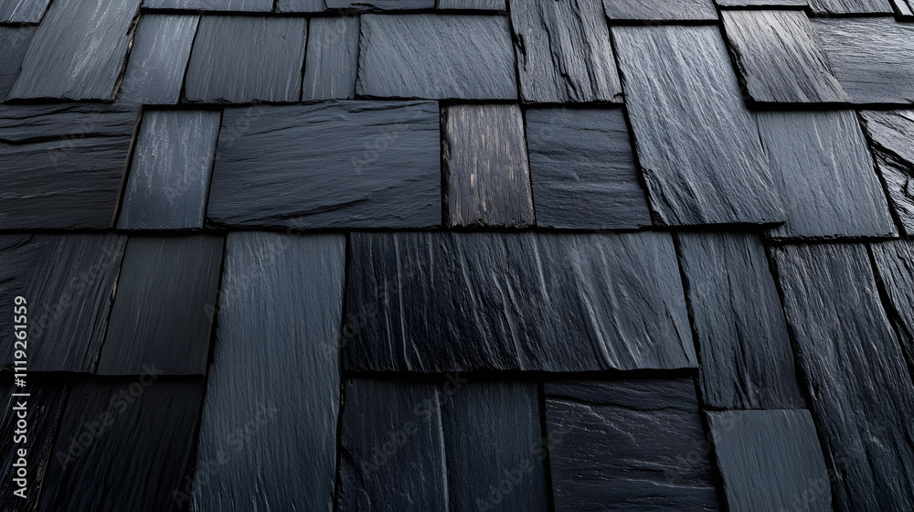 Poster a close-up view of textured black slate roofing tiles, showcasing their unique patterns and durabili