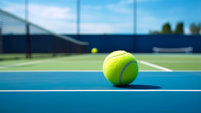 Tennis Court Scene with a Tennis Ball Resting on Blue Surface