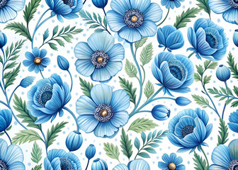Blue Floral Seamless Pattern. Botanical Illustration of Anemones