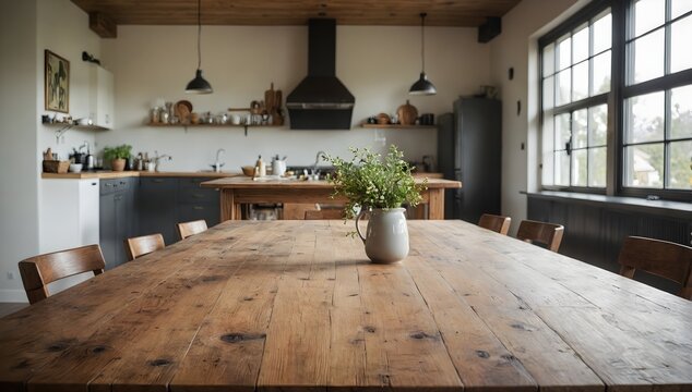 A wooden table with a vase of flowers on top of it.