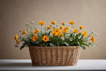 there is a basket with yellow flowers in it on a table