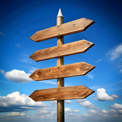Wooden Signpost Against a Blue Sky with Clouds. A Symbol of Travel and New Directions