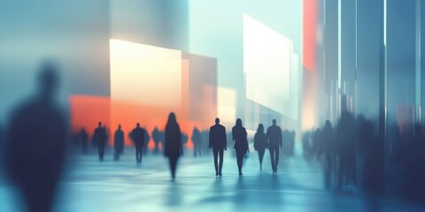 abstract scene, blending blurred lights and silhouettes, embodies city dynamics, perfect for projects focused on urban business and connectivity themes.