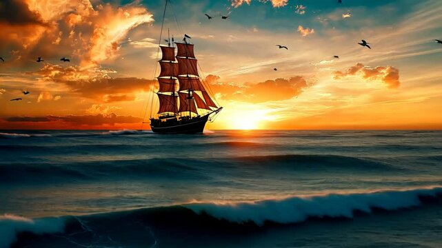 Majestic sailing ship navigating the vast ocean during a vibrant sunset, with birds in flight.