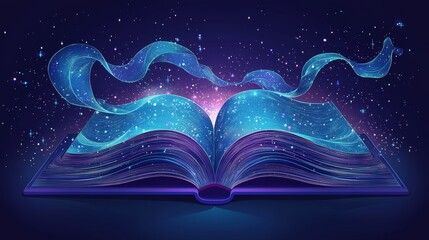 Flat book icon with simple, glowing tech lines flowing outward in a minimalist tech space, flat design, minimalist, 