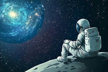 An astronaut sits on a moon, gazing at a swirling galaxy in the vast universe.