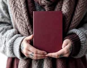 Woman's Hands Holding a Blank Red Book Cover in Winter