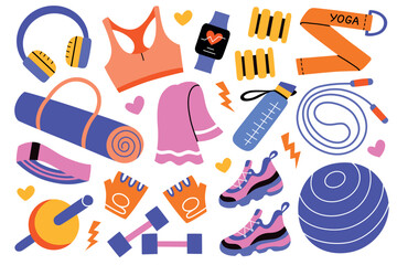 Fitness vector illustration set, gym equipment and female accessories. Dumbbells, sneakers, yoga mat, water bottle, smartwatch, towel, resistance band, and foam roller in cartoon flat style