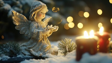 Obraz premium Kneeling angel figurine in snow near lit candles.