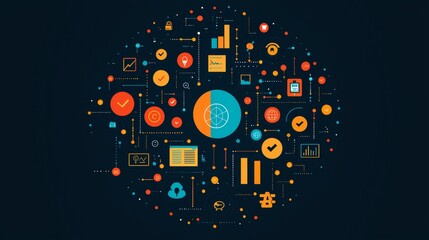 Obraz premium Flat circular tech icons surrounding business analytics on a minimalist background, graphic illustration --chaos 20 --ar 16:9 --quality 2 --style raw --styli525