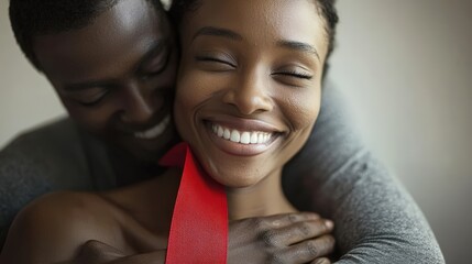 Fototapeta premium Joyful couple sharing a loving embrace with a red ribbon moment