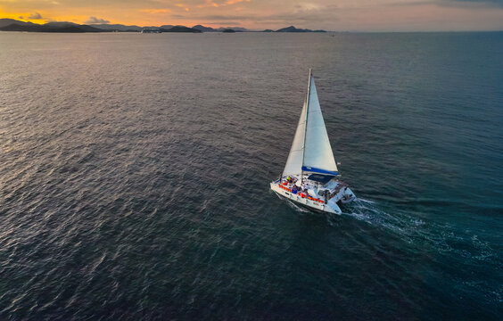 Aerial view of a catamaran on the andaman seas. Sailing in Phuket, Thailand.