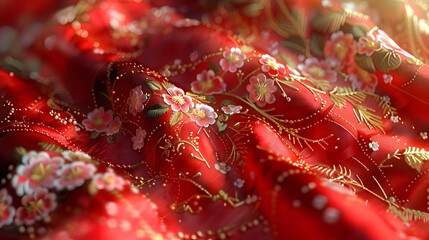 Red silk fabric with floral embroidery.