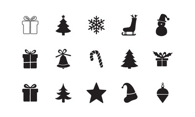 Christmas icons set: festive black silhouettes. Vector clipart for holiday designs.