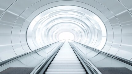 Futuristic white escalator leading to a bright circular tunnel. Generative ai