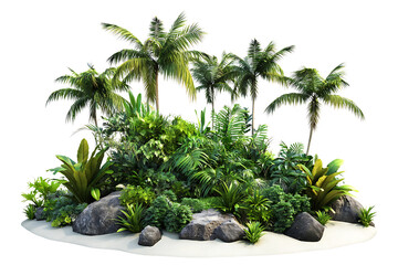 Island with palm trees and bushes, isolated on a transparent background