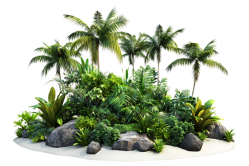 Island with palm trees and bushes, isolated on a transparent background