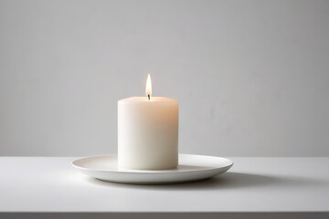 there is a white candle sitting on a plate on a table