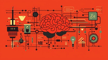 Geometric shapes forming a brain connected to learning symbols in a minimalist flat design environment, graphic illustration --chaos 20 --ar 16:9 --quality 2 --style raw --