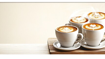 Four Cups of Latte Art Coffee on Wooden Tray