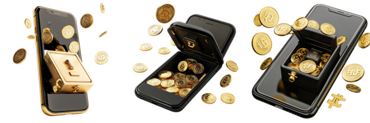 Set of a smartphone with safe, flying yen coins, and Japanese art, isolated on a transparent background