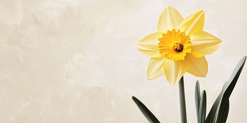 Closeup photo showcasing a blooming bright yellow daffodil. This image features a single daffodil flower, its stem, and surrounding leaves, set against a neutral background. Ideal for springtime and