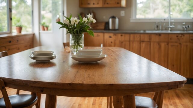 A wooden table with a vase of flowers on top of it.