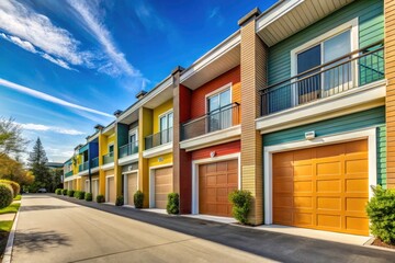 Fototapeta premium Apartment Garage Doors Parking Landscape Photography - Row of Garages, Residential Parking, Exterior View