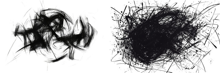 Set of abstract black pencil drawing, isolated on a transparent background.