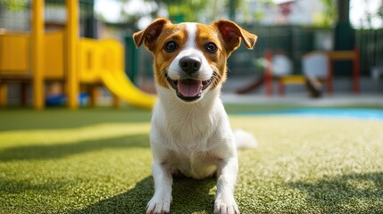 A cheerful dog in a comfortable dog hotel, surrounded by play areas and pet-friendly amenities.