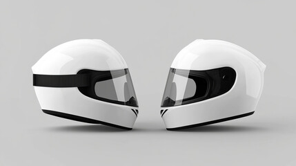 3d motorcycle helmet. White motor bike hat icon. Realistic scooter safety helm illustration. Racer gp plastic accessory with black belt mockup side and front view. Blank extreme pilot headwear mock up