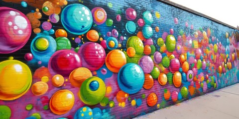Vibrant urban street wall features stunning aerosol graffiti painting, showcasing colorful round bubbles and balls in an imaginative space, creating a dynamic visual impact of urban art.