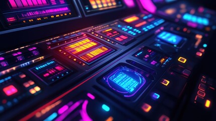 A futuristic control panel with vibrant lights and buttons, suggesting advanced technology.
