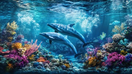 Fototapeta premium Ocean's Grace: Dolphins Dancing Amidst Vibrant Coral Reef