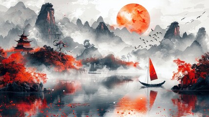 Serene Asian landscape painting with red sun, misty mountains, sailboat, and pagoda.