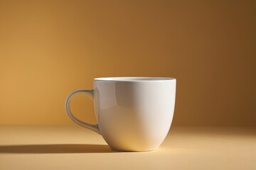 there is a white cup sitting on a table with a brown background