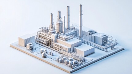 Isometric view of a simplified white industrial factory model. Generative ai