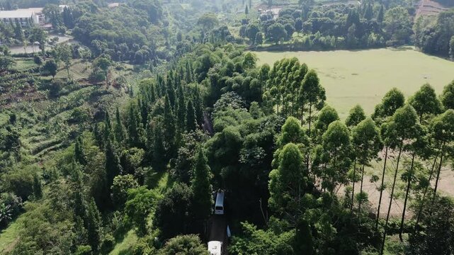 A green mountainous area with a villa, as several buses prepare to leave the premises. Perfect for travel, tourism, or real estate projects showcasing scenic landscapes and group activities