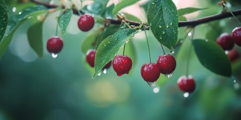 Obraz premium Soft focus image of red cherries, showcasing wet cherries adorned with dew and raindrops on a branch, surrounded by lush green leaves against a blurred background and sky.