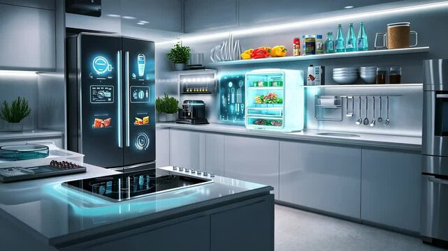A modern kitchen featuring a futuristic fridge and sleek appliances with organized storage.