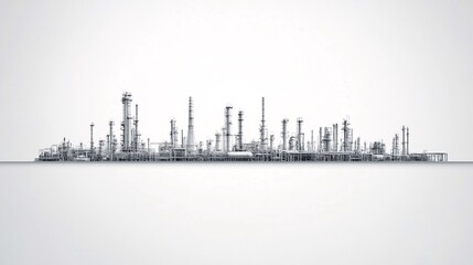 Linear illustration of an industrial refinery complex against a light grey background. Generative ai