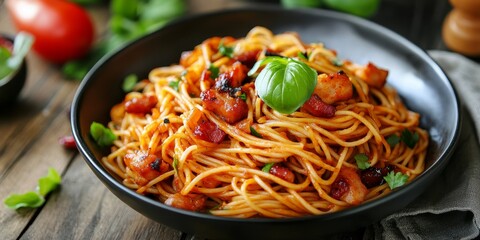 Homemade stir fried spaghetti features a delicious blend of dried chili and bacon, creating a flavorful and satisfying dish. Enjoy the richness of homemade stir fried spaghetti in every bite.