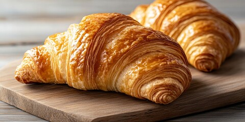 Close up of a croissant displayed on a wooden board, showcasing the flaky layers and buttery texture of the croissant, highlighting the artistry of bakery creations with this delicious croissant.