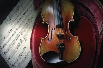 Fototapeta premium A violin rests on a plush surface beside music sheets, symbolizing musical artistry.