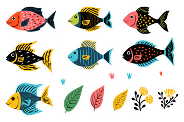 Set of Colorful Fish in Various Shapes and Styles Flat Vector Illustration