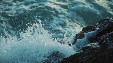 Obraz premium A close-up of ocean waves crashing against rocks, showing the power and beauty of the sea