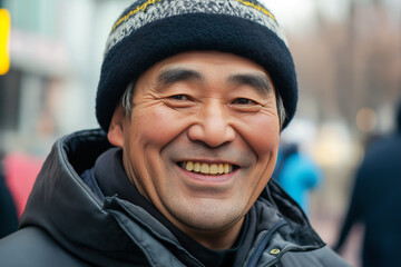 Smiling man in winter clothing enjoying outdoor city atmosphere