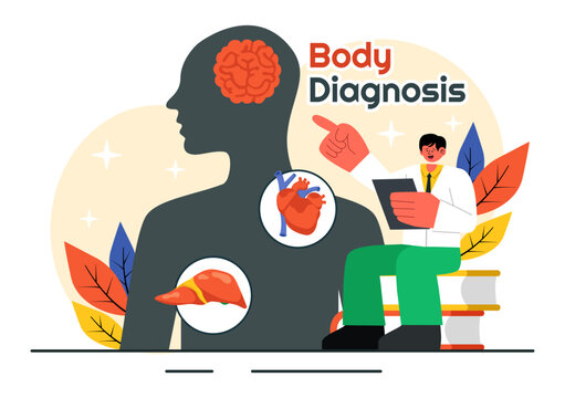 Body Diagnosis Vector Illustration featuring an X-ray Machine and MRI Scanner Examining the Human Body for Organ and Joint Health in a Flat Background
