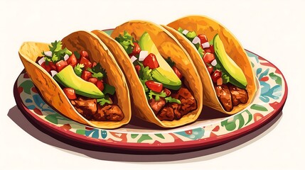 Watercolor illustration Mexican food tacos filed with meat, salad and avocado, handmade traditional plate, white background, painting